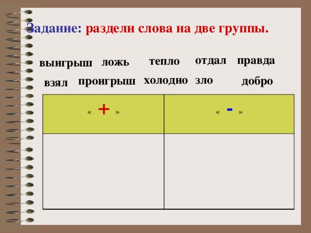 Задание:  раздели слова на две группы.  правда отдал тепло ложь выигрыш холодно зло добро проигрыш взял « +  » « -  »  