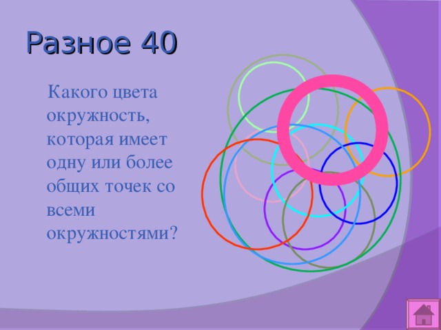 Разное 40  Какого цвета окружность, которая имеет одну или более общих точек со всеми окружностями? 