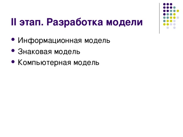 II этап. Разработка модели Информационная модель Знаковая модель Компьютерная модель 