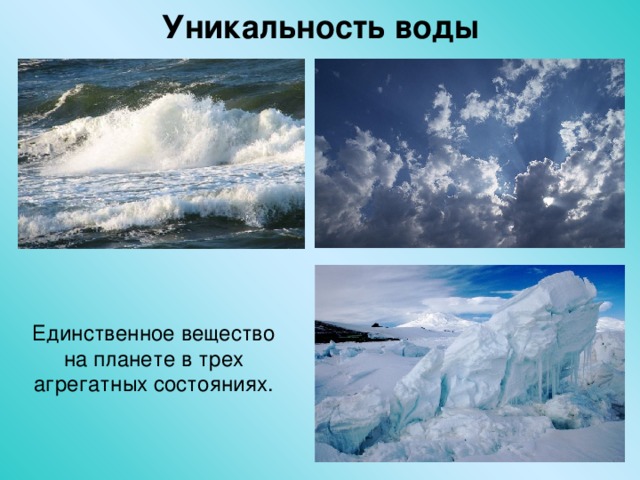 Уникальность воды   Единственное вещество на планете в трех агрегатных состояниях. 