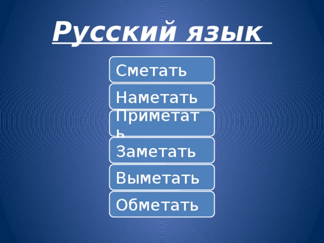 Русский язык Сметать Наметать Приметать Заметать Выметать Всем знакома терминология ручных , машинных , утюжильных работ. Что позволяет закрепить с детьми материал по изучению приставок в русском языке, кроме того так дети лучше запоминают термины. Обметать 2 