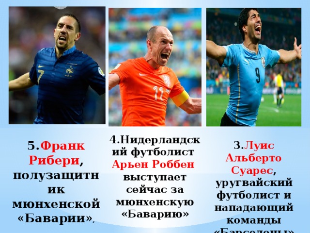 4.Нидерландский футболист Арьен Роббен выступает сейчас за мюнхенскую «Баварию» 5. Франк Рибери , полузащитник мюнхенской «Баварии» , 3. Луис Альберто Суарес , уругвайский футболист и нападающий команды «Барселоны» 