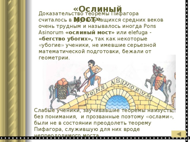 «Ослиный мост» Доказательство теоремы Пифагора считалось в кругах учащихся средних веков очень трудным и называлось иногда Pons Asinorum «ослиный мост» или elefuga - «бегство убогих», так как некоторые «убогие» ученики, не имевшие серьезной математической подготовки, бежали от геометрии.  Слабые ученики, заучивавшие теоремы наизусть, без понимания, и прозванные поэтому «ослами», были не в состоянии преодолеть теорему Пифагора, служившую для них вроде непреодолимого моста. 