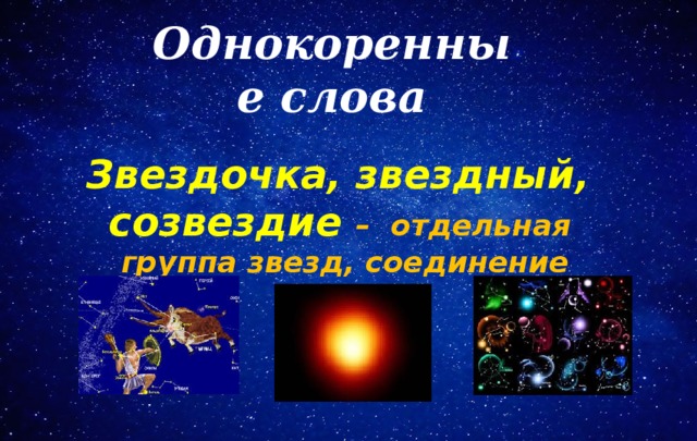 Однокоренные слова Звездочка, звездный, созвездие –  отдельная группа звезд, соединение 