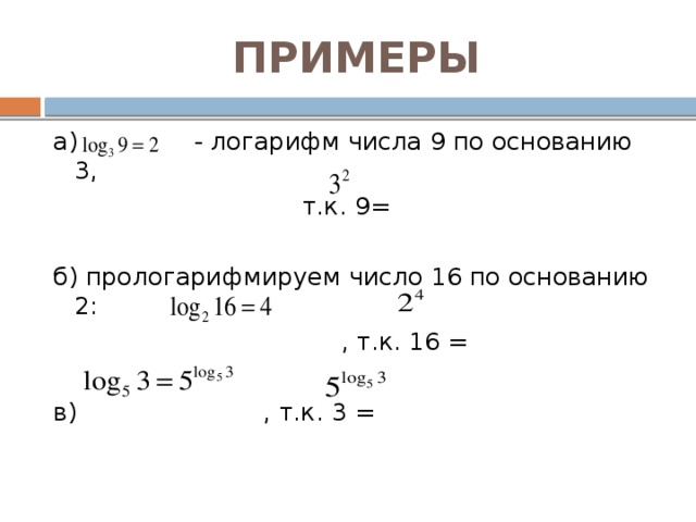 ПРИМЕРЫ а) - логарифм числа 9 по основанию 3,  т.к. 9= б) прологарифмируем число 16 по основанию 2:  , т.к. 16 = в) , т.к. 3 = 