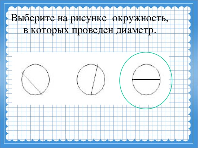 Выберите на рисунке окружность, в которых проведен диаметр .  