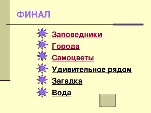 ФИНАЛ Заповедники Города Самоцветы Удивительное рядом Загадка Вода 
