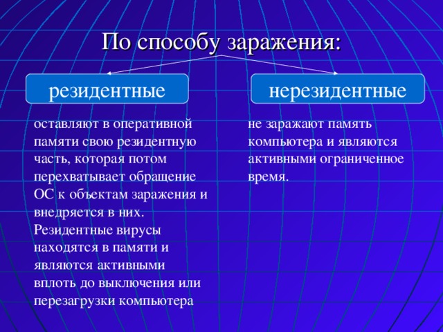 По способу заражения: нерезидентные резидентные оставляют в оперативной памяти свою резидентную часть, которая потом перехватывает обращение ОС к объектам заражения и внедряется в них. Резидентные вирусы находятся в памяти и являются активными вплоть до выключения или перезагрузки компьютера не заражают память компьютера и являются активными ограниченное время. 