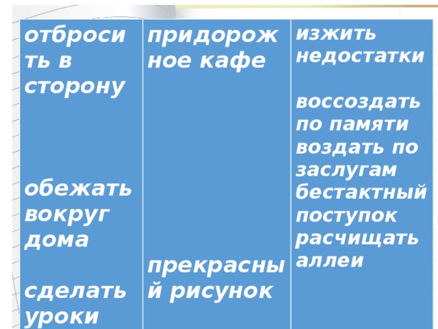 отбросить в сторону  обежать вокруг дома придорожное кафе   прекрасный рисунок  изжить недостатки воссоздать по памяти сделать уроки  воздать по заслугам  бестактный поступок расчищать аллеи