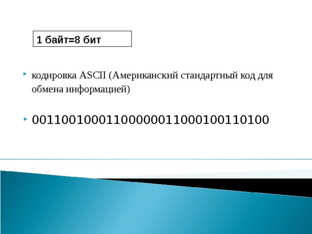 1 байт=8 бит кодировка ASCII (Американский c тандартный код для обмена информацией)   00110010001100000011000100110100 