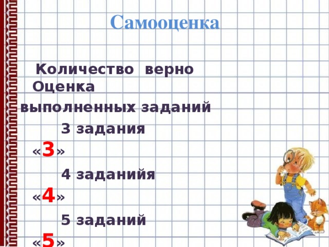 Самооценка  Количество верно Оценка выполненных заданий  3 задания « 3 »  4 заданийя « 4 »  5 заданий « 5 » 