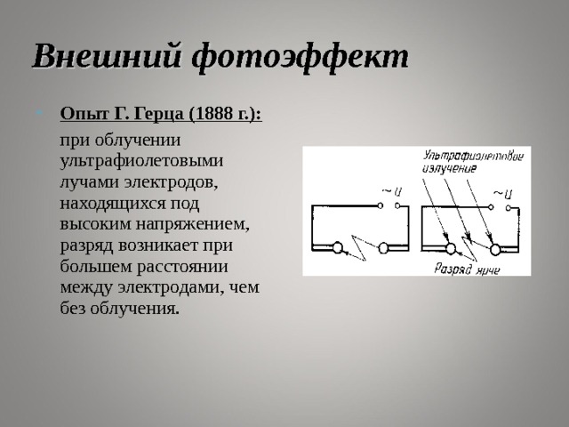 Внешний фотоэффект Опыт Г. Герца (1888 г.):   при облучении ультрафиолетовыми лучами электродов, находящихся под высоким напряжением, разряд возникает при большем расстоянии между электродами, чем без облучения. 