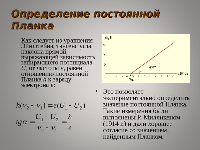 Определение постоянной Планка Как следует из уравнения Эйнштейна, тангенс угла наклона прямой, выражающей зависимость запирающего потенциала U з от частоты ν, равен отношению постоянной Планка h к заряду электрона e : Это позволяет экспериментально определить значение постоянной Планка. Такие измерения были выполнены Р. Милликеном (1914 г.) и дали хорошее согласие со значением, найденным Планком. 