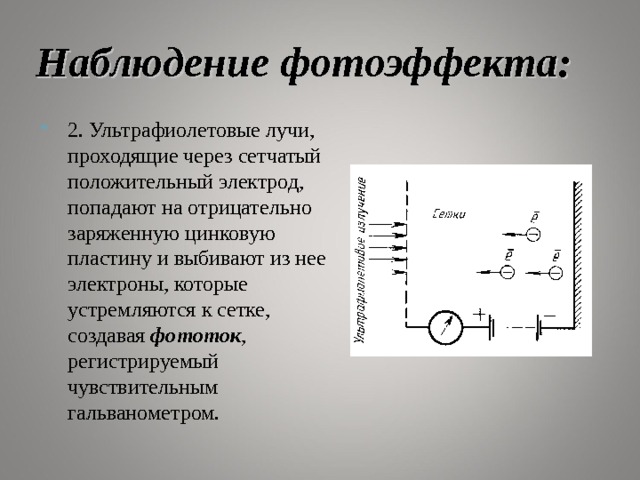 Наблюдение фотоэффекта: 2. Ультрафиолетовые лучи, проходящие через сетчатый положительный электрод, попадают на отрицательно заряженную цинковую пластину и выбивают из нее электроны, которые устремляются к сетке, создавая фототок , регистрируемый чувствительным гальванометром. 