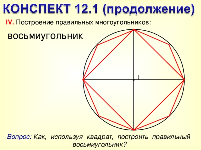 IV. Построение правильных многоугольников: восьмиугольник Вопрос: Как, используя квадрат, построить правильный восьмиугольник? 