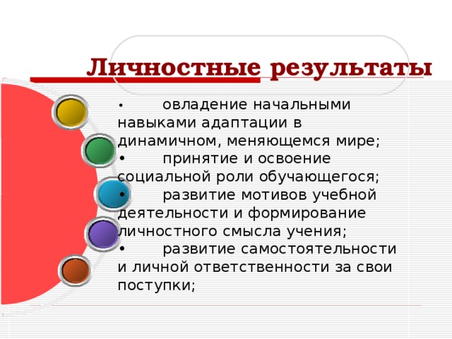 Личностные результаты •  овладение начальными навыками адаптации в динамичном, меняющемся мире; •  принятие и освоение социальной роли обучающегося; •  развитие мотивов учебной деятельности и формирование личностного смысла учения; •  развитие самостоятельности и личной ответственности за свои поступки; 