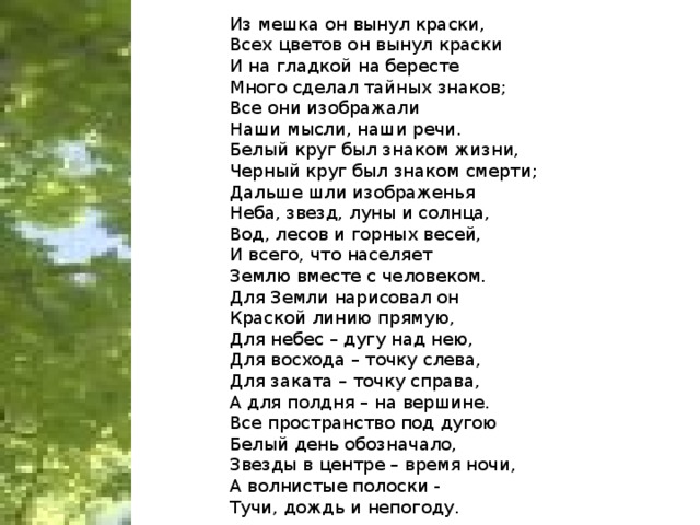 Из мешка он вынул краски, Всех цветов он вынул краски И на гладкой на бересте Много сделал тайных знаков; Все они изображали Наши мысли, наши речи. Белый круг был знаком жизни, Черный круг был знаком смерти; Дальше шли изображенья Неба, звезд, луны и солнца, Вод, лесов и горных весей, И всего, что населяет Землю вместе с человеком. Для Земли нарисовал он Краской линию прямую, Для небес – дугу над нею, Для восхода – точку слева, Для заката – точку справа, А для полдня – на вершине. Все пространство под дугою Белый день обозначало, Звезды в центре – время ночи, А волнистые полоски - Тучи, дождь и непогоду.