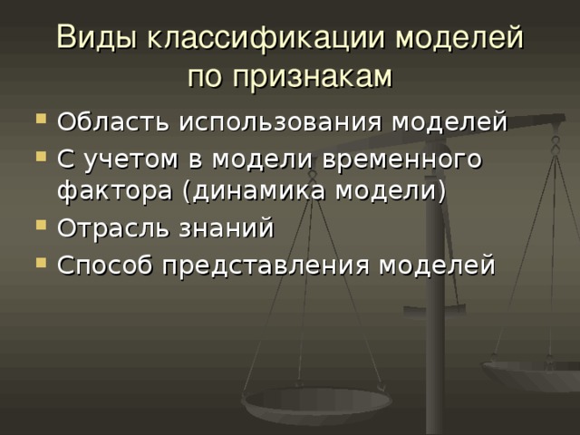 Виды классификации моделей  по признакам Область использования моделей С учетом в модели временного фактора (динамика модели) Отрасль знаний Способ представления моделей 