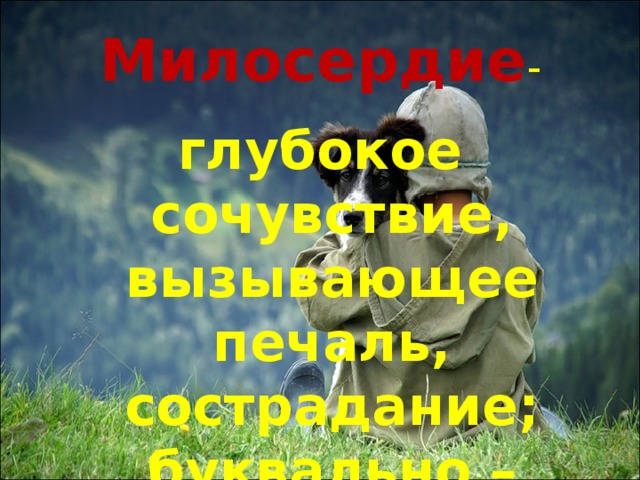 Милосердие - глубокое сочувствие, вызывающее печаль, сострадание; буквально – «страдать вместе» . 