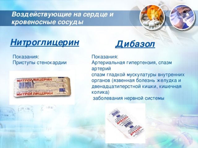 Воздействующие на сердце и кровеносные сосуды   Нитроглицерин Дибазол Показания: Показания: Приступы стенокардии Артериальная гипертензия, спазм артерий спазм гладкой мускулатуры внутренних органов (язвенная болезнь желудка и двенадцатиперстной кишки, кишечная колика)  заболевания нервной системы 
