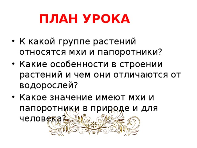 ПЛАН УРОКА К какой группе растений относятся мхи и папоротники? Какие особенности в строении растений и чем они отличаются от водорослей? Какое значение имеют мхи и папоротники в природе и для человека? 