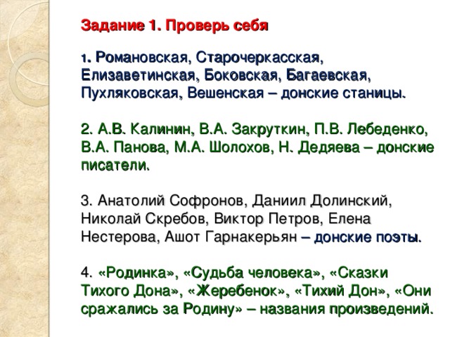 Задание 1. Проверь себя   1 . Романовская, Старочеркасская, Елизаветинская, Боковская, Багаевская, Пухляковская, Вешенская – донские станицы.  2. А.В. Калинин, В.А. Закруткин, П.В. Лебеденко, В.А. Панова, М.А. Шолохов, Н. Дедяева – донские писатели. 3. Анатолий Софронов, Даниил Долинский, Николай Скребов, Виктор Петров, Елена Нестерова, Ашот Гарнакерьян – донские поэты.  4. «Родинка», «Судьба человека», «Сказки Тихого Дона», «Жеребенок», «Тихий Дон», «Они сражались за Родину» – названия произведений. 
