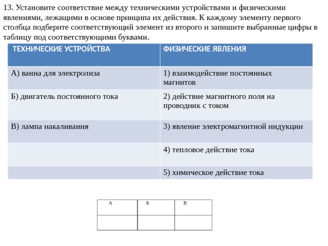 13. Установите соответствие между техническими устройствами и физическими явлениями, лежащими в основе принципа их действия. К каждому элементу первого столбца подберите соответствующий элемент из второго и запишите выбранные цифры в таблицу под соответствующими буквами.  ТЕХНИЧЕСКИЕ УСТРОЙСТВА ФИЗИЧЕСКИЕ ЯВЛЕНИЯ  А) ванна для электролиза 1) взаимодействие постоянных магнитов Б) двигатель постоянного  тока 2) действие магнитного поля на проводник с током В) лампа накаливания 3) явление электромагнитной индукции 4) тепловое действие тока 5) химическое действие тока  А  Б  В 