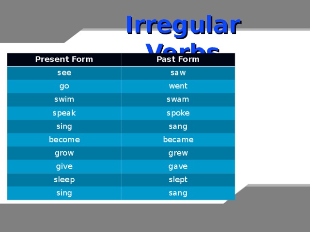 Irregular Verbs Present Form Past Form see saw go went swim swam speak spoke sing sang become became grow grew give sleep gave slept sing sang 