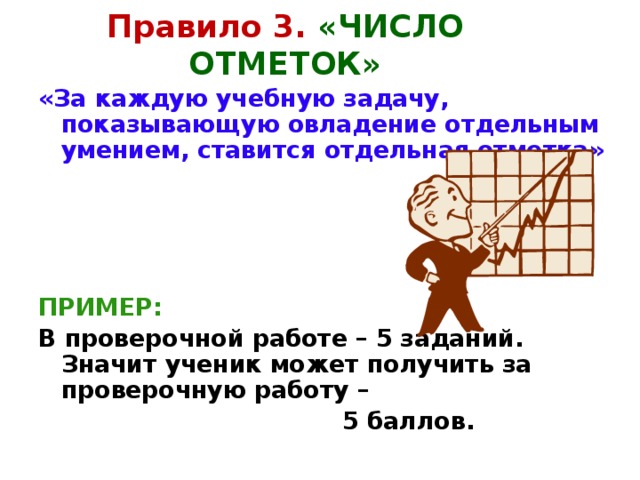 Правило 3. «ЧИСЛО ОТМЕТОК» «За каждую учебную задачу, показывающую овладение отдельным умением, ставится отдельная отметка»     ПРИМЕР:  В проверочной работе – 5 заданий. Значит ученик может получить за проверочную работу –  5 баллов. 