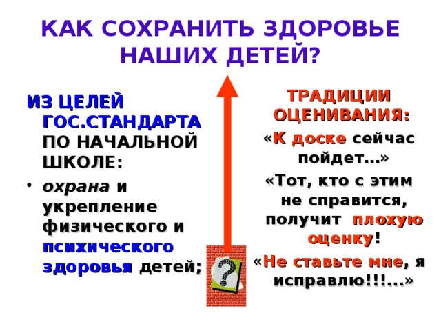 КАК СОХРАНИТЬ ЗДОРОВЬЕ НАШИХ ДЕТЕЙ? ТРАДИЦИИ ОЦЕНИВАНИЯ: ТРАДИЦИИ ОЦЕНИВАНИЯ: ТРАДИЦИИ ОЦЕНИВАНИЯ: « К доске сейчас пойдет…» «Тот, кто с этим не справится, получит плохую оценку ! « Не ставьте  мне , я исправлю!!!...» « К доске сейчас пойдет…» «Тот, кто с этим не справится, получит плохую оценку ! « Не ставьте  мне , я исправлю!!!...» « К доске сейчас пойдет…» «Тот, кто с этим не справится, получит плохую оценку ! « Не ставьте  мне , я исправлю!!!...» ИЗ ЦЕЛЕЙ ГОС.СТАНДАРТА ПО НАЧАЛЬНОЙ ШКОЛЕ:  охрана и укрепление физического и психического здоровья детей;   