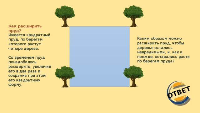 ОТВЕТ Как расширить пруд? Имеется квадратный пруд, по берегам которого растут четыре дерева.   Со временем пруд понадобилось расширить, увеличив его в два раза и сохранив при этом его квадратную форму. Каким образом можно расширить пруд, чтобы деревья остались невредимыми, и, как и прежде, оставались расти по берегам пруда?