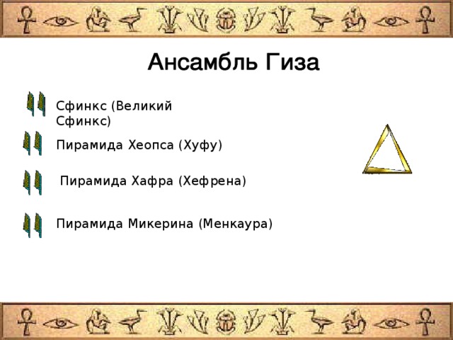 Сфинкс (Великий Сфинкс) Пирамида Хеопса (Хуфу) Пирамида Хафра (Хефрена) Пирамида Микерина (Менкаура) 