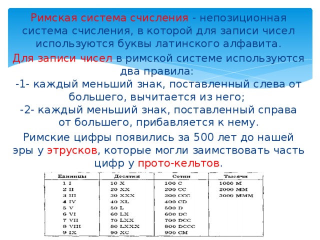 Римская система счисления - непозиционная система счисления, в которой для записи чисел используются буквы латинского алфавита. Для записи чисел в римской системе используются два правила:  -1- каждый меньший знак, поставленный слева от большего, вычитается из него;  -2- каждый меньший знак, поставленный справа от большего, прибавляется к нему. Римские цифры появились за 500 лет до нашей эры у этрусков , которые могли заимствовать часть цифр у прото-кельтов . 