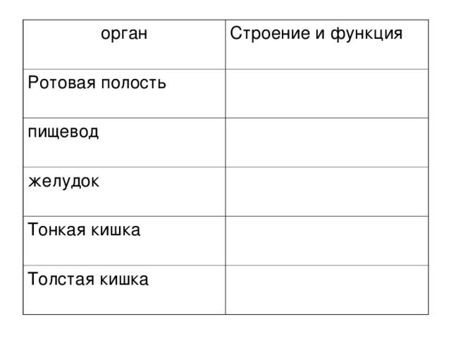 орган Строение и функция Ротовая полость пищевод желудок Тонкая кишка Толстая кишка 