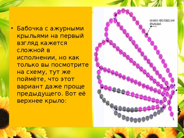 Бабочка с ажурными крыльями на первый взгляд кажется сложной в исполнении, но как только вы посмотрите на схему, тут же поймёте, что этот вариант даже проще предыдущего. Вот её верхнее крыло: 