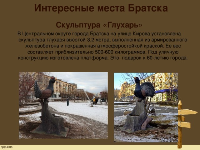 Интересные места Братска   Скульптура «Глухарь» В Центральном округе города Братска на улице Кирова установлена скульптура глухаря высотой 3,2 метра, выполненная из армированного железобетона и покрашенная атмосферостойкой краской. Ее вес составляет приблизительно 500-600 килограммов. Под уличную конструкцию изготовлена платформа. Это подарок к 60-летию города. 