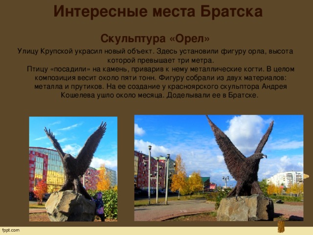 Интересные места Братска   Скульптура «Орел» Улицу Крупской украсил новый объект. Здесь установили фигуру орла, высота которой превышает три метра.  Птицу «посадили» на камень, приварив к нему металлические когти. В целом композиция весит около пяти тонн. Фигуру собрали из двух материалов: металла и прутиков. На ее создание у красноярского скульптора Андрея Кошелева ушло около месяца. Доделывали ее в Братске.    