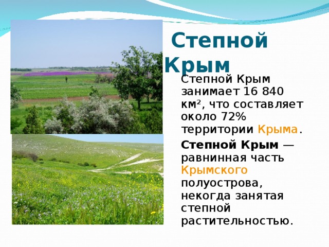  Степной Крым Степной Крым занимает 16 840 км², что составляет около 72% территории Крыма . Степной Крым — равнинная часть Крымского полуострова, некогда занятая степной растительностью. 