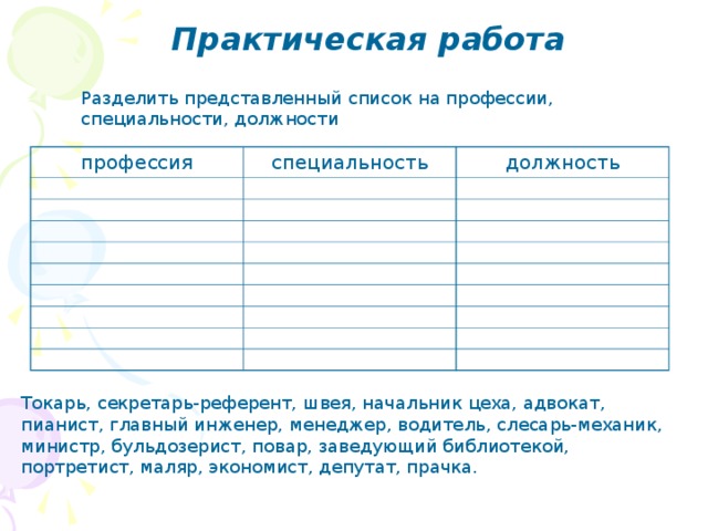 Практическая работа Разделить представленный список на профессии, специальности, должности профессия специальность должность Токарь, секретарь-референт, швея, начальник цеха, адвокат, пианист, главный инженер, менеджер, водитель, слесарь-механик, министр, бульдозерист, повар, заведующий библиотекой, портретист, маляр, экономист, депутат, прачка. 