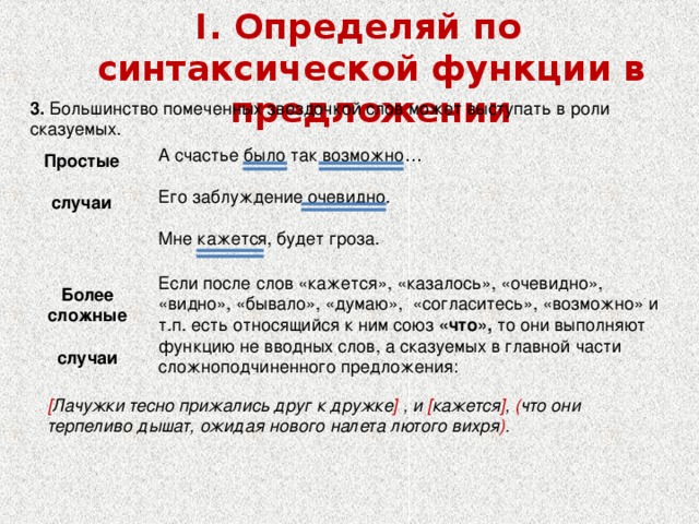 I. Определяй по синтаксической функции в предложении 3. Большинство помеченных звездочкой слов может выступать в роли сказуемых. А счастье было так возможно…  Его заблуждение очевидно.   Мне кажется, будет гроза. Простые  случаи Если после слов «кажется», «казалось», «очевидно», «видно», «бывало», «думаю», «согласитесь», «возможно» и т.п. есть относящийся к ним союз «что», то они выполняют функцию не вводных слов, а сказуемых в главной части сложноподчиненного предложения:   Более сложные  случаи [ Лачужки тесно прижались друг к дружке ]  , и [ кажется ] , ( что они терпеливо дышат, ожидая нового налета лютого вихря ) . 