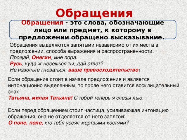 Обращения Обращения - это слова, обозначающие лицо или предмет, к которому в предложении обращено высказывание.  Обращения выделяются запятыми независимо от их места в предложении, способа выражения и распространенности. Прощай, Онегин , мне пора.  Русь , куда ж несешься ты, дай ответ? Не извольте гневаться, ваше превосходительство !  Если обращение стоит в начале предложения и является интонационно выделенным, то после него ставится восклицательный знак: Татьяна, милая Татьяна! С тобой теперь я слезы лью. Если перед обращением стоит частица, усиливающая интонацию обращения, она не отделяется от него запятой:  О поле, поле, кто тебя усеял мертвыми костями? 