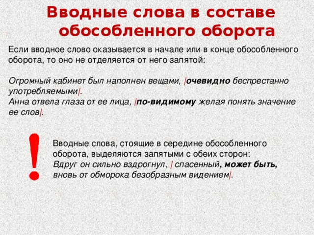 Вводные слова в составе обособленного оборота Если вводное слово оказывается в начале или в конце обособленного оборота, то оно не отделяется от него запятой: Огромный кабинет был наполнен вещами, | очевидно беспрестанно употребляемыми | .  Анна отвела глаза от ее лица, | по - видимому желая понять значение ее слов | .  Вводные слова, стоящие в середине обособленного оборота, выделяются запятыми с обеих сторон: Вдруг он сильно вздрогнул, | спасенный , может быть, вновь от обморока безобразным видением | . 