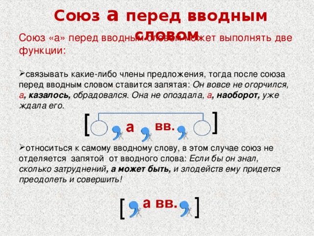 Союз  а  перед вводным словом Союз «а» перед вводным словом может выполнять две функции:   связывать какие-либо члены предложения, тогда после союза перед вводным словом ставится запятая: Он вовсе не огорчился, а , казалось, обрадовался. Она не опоздала, а , наоборот, уже ждала его.   относиться к самому вводному слову, в этом случае союз не отделяется запятой от вводного слова: Если бы он знал, сколько затруднений , а может быть, и злодейств ему придется преодолеть и совершить!  