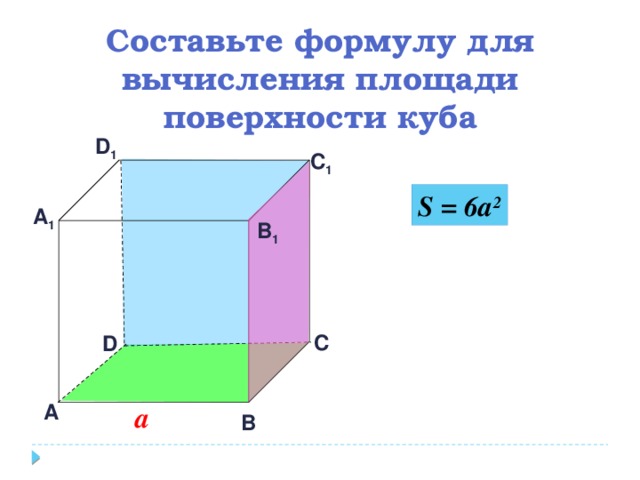 Составьте формулу для вычисления площади поверхности куба D 1 С 1 S = 6a 2 А 1 В 1 С D А а В 