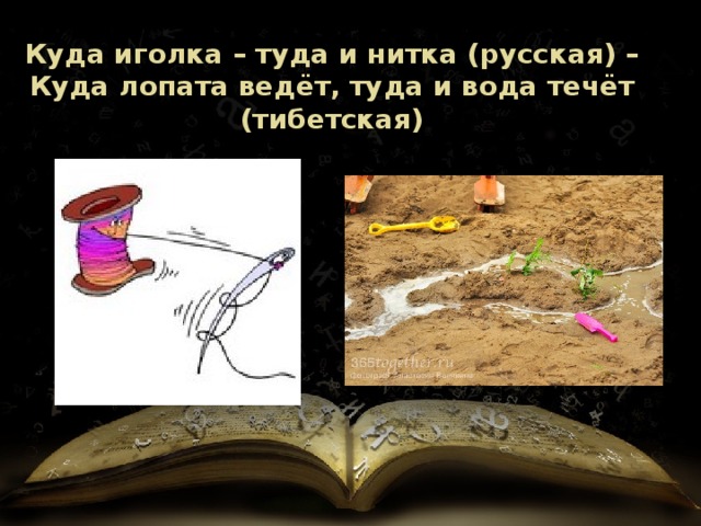 Куда иголка – туда и нитка (русская) – Куда лопата ведёт, туда и вода течёт (тибетская) 
