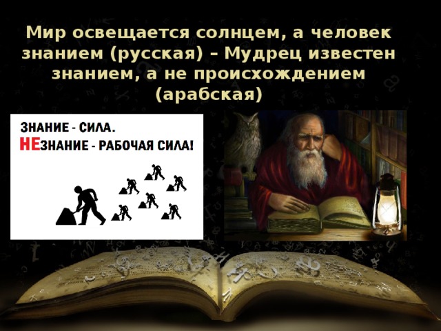 Мир освещается солнцем, а человек знанием (русская) – Мудрец известен знанием, а не происхождением (арабская) 