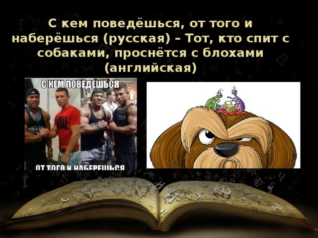 С кем поведёшься, от того и наберёшься (русская) – Тот, кто спит с собаками, проснётся с блохами (английская) 