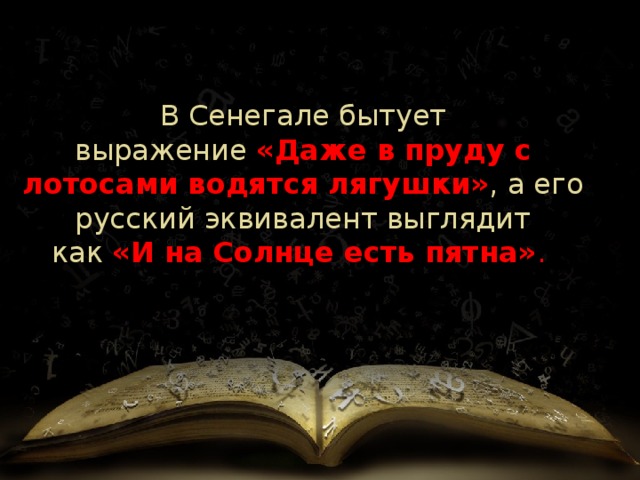 В Сенегале   бытует выражение  «Даже в пруду с лотосами водятся лягушки» , а его русский эквивалент выглядит как  «И на Солнце есть пятна» .  