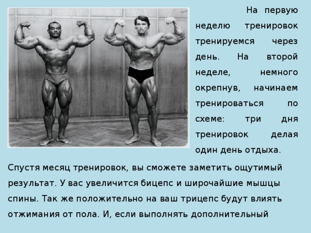  На первую неделю тренировок тренируемся через день. На второй неделе, немного окрепнув, начинаем тренироваться по схеме: три дня тренировок делая один день отдыха. Спустя месяц тренировок, вы сможете заметить ощутимый результат. У вас увеличится бицепс и широчайшие мышцы спины. Так же положительно на ваш трицепс будут влиять отжимания от пола. И, если выполнять дополнительный 
