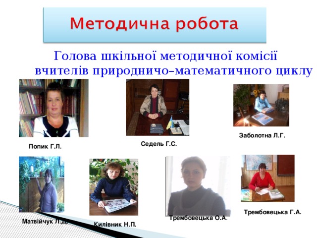  Голова шкільної методичної комісії  вчителів природничо–математичного циклу  Заболотна Л.Г.  Седель Г.С. Попик Г.Л. Трембовецька Г.А. Трембовецька О.А . Матвійчук Л.Д. Килівник Н.П. 